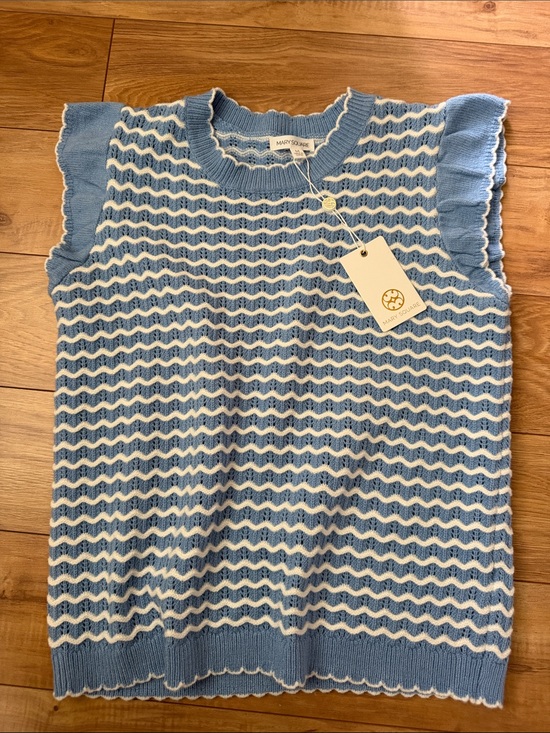 Mary square Tops - Mary Square Blue & White Wavy Stripe Ruffle Sleeve Knit Top